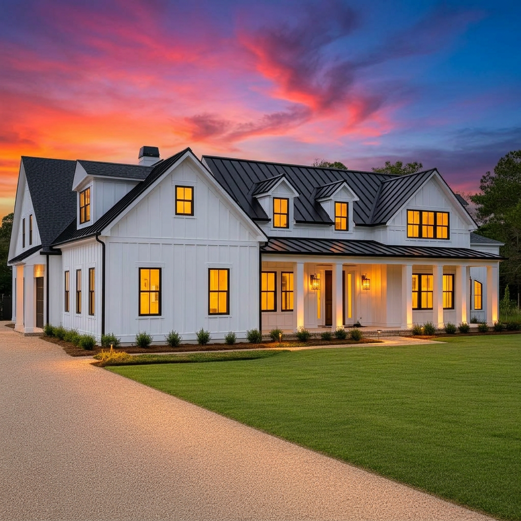 Same home exterior transformed to twilight with warm window glow